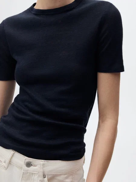 Лляна Футболка MANGO темно-синій синя