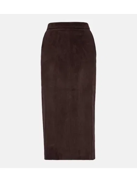 Fustă midi Stouls din piele de căprioară până la genunchi maro