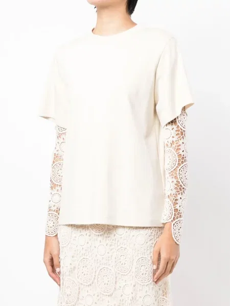 Koszulka Goen.j z okrągłym dekoltem koronkowa biała