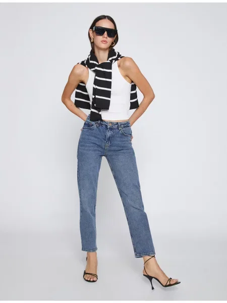 Hlače Koton z visokim pasom modra