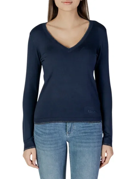 Dzianinowy sweter Liu Jo z dekoltem w serek niebieski