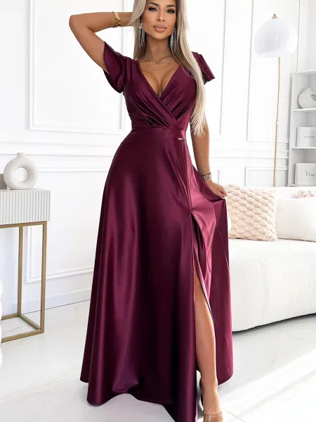 Rochie maxi Numoco din satin bordo