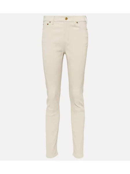 Pantaloni Polo Ralph Lauren cu talie înaltă din piele alb