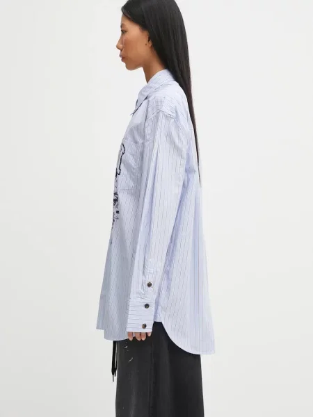 GANNI koszula Stripe Cotton Oversized relaxed z kołnierzykiem klasycznym niebieski