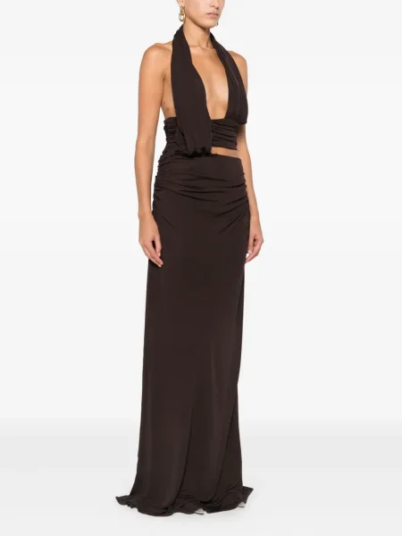 Rochie maxi Christopher Esber drapată de costum maro