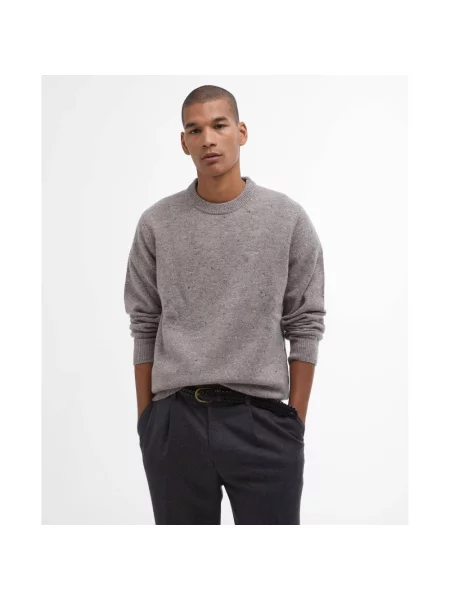Sweter Barbour wełniany z okrągłym dekoltem szary