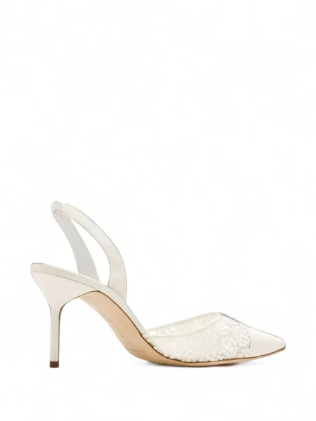 Pantofi cu toc Manolo Blahnik din dantelă slingback alb