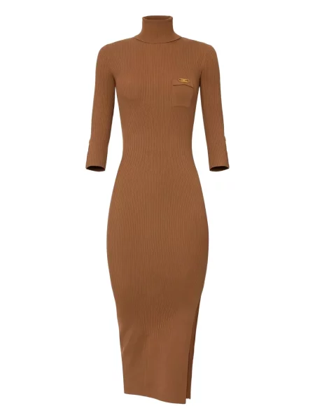 Sukienka midi Elisabetta Franchi do kolan garniturowa prążkowana brązowa