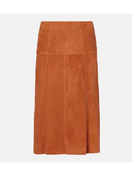Fustă midi Isabel Marant din piele de căprioară până la genunchi portocaliu