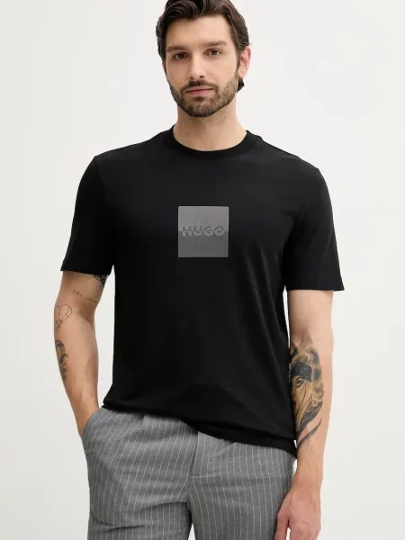HUGO tricou din cu imprimeu negru