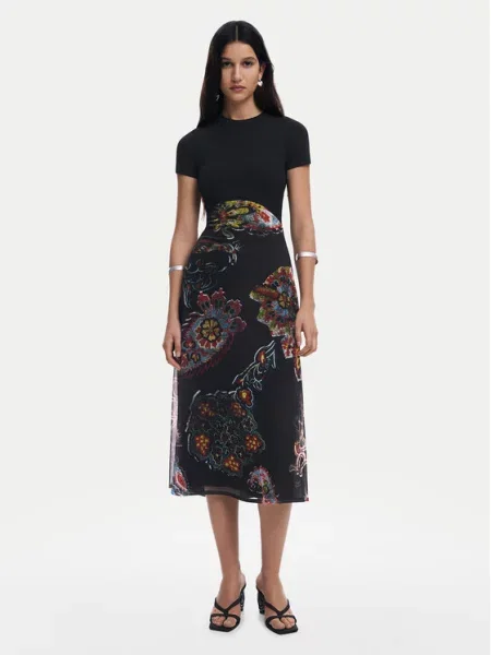 Obleka Desigual s paisley potiskom z mrežo črna