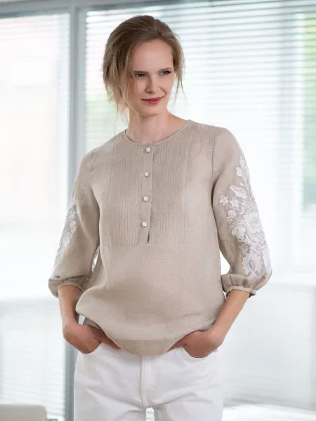 Лляна Вишита сорочка Едельвіка бежевий