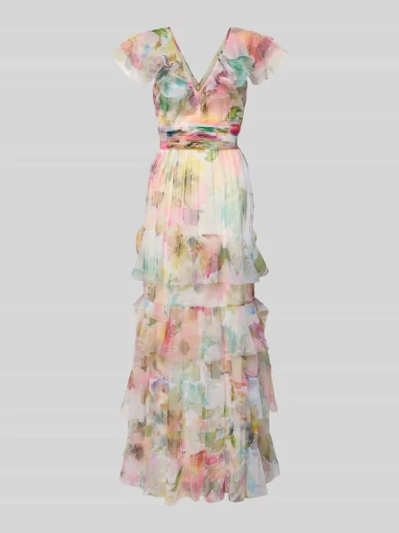 Długa sukienka w efekcie stopniowania z tasiemką w talii Lace & Beads różowa