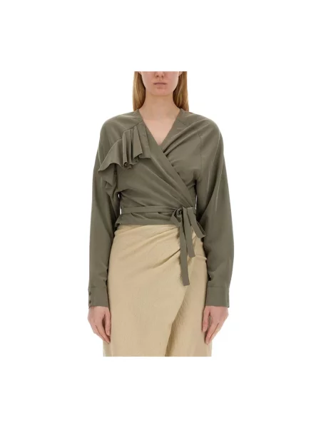 Lniana bluzka Alysi z falbankami z długim rękawem zielona