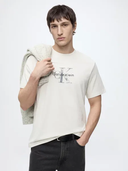 Calvin Klein Jeans Tričko sivá / čierna / biela béžová