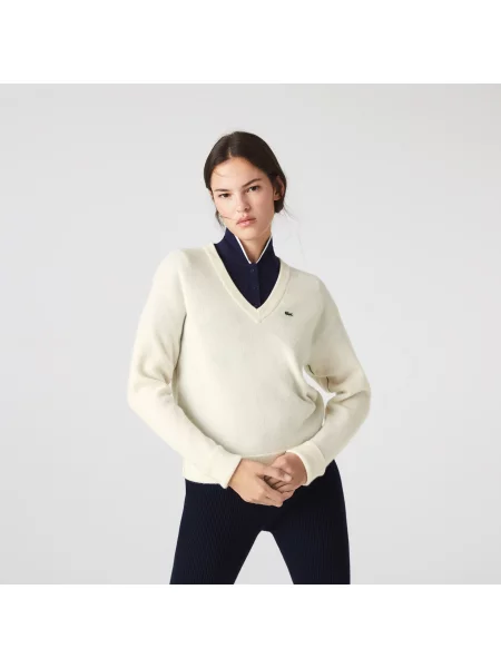 Lacoste Sweter Z Dekoltem W Serek Lacoste beżowy