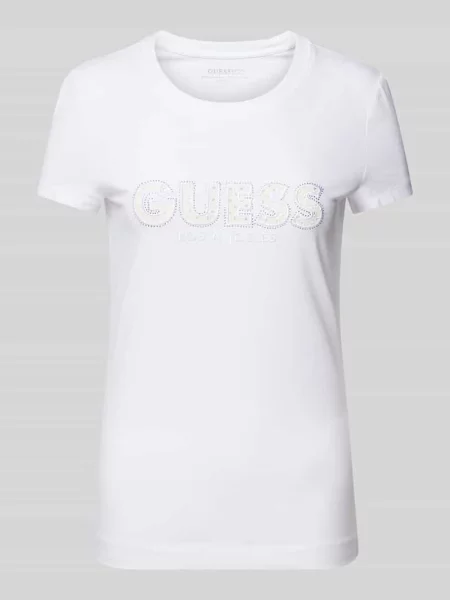 T-shirt z wyhaftowanym logo i obszyciem ozdobnymi kamieniami Guess biała