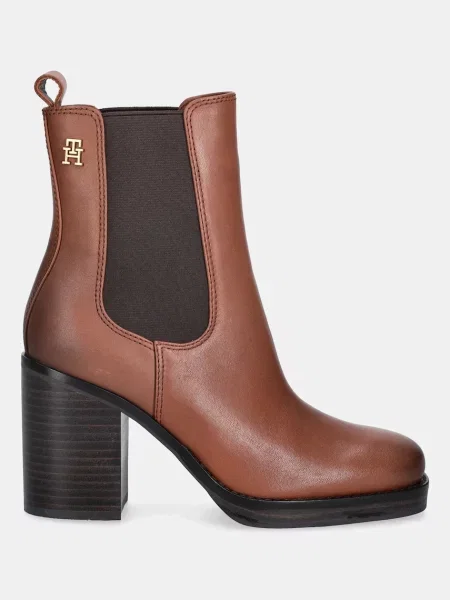 Tommy Hilfiger botki skórzane SQUARE TOE CHELSEA HIGH BLOCK HL na słupku brązowy