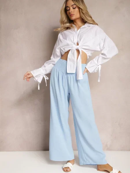 Jasnoniebieskie Spodnie Kuloty High Waist z Gumką w Talii Lipadre niebieskie