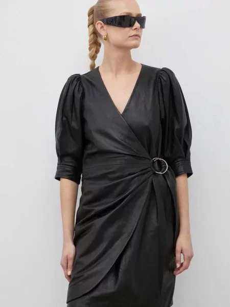 Kožna haljina mini ravna crna