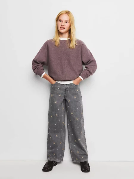 Jeansy wide leg z haftowanymi gwiazdami denim Dzieci lata MANGO KIDS szary