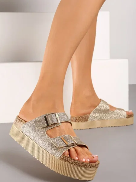 Papuci de Casă pe Platformă cu Interior de Plută și Catarame Decorate cu Sclipici Sumeria aurii