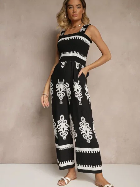 Kombinezon Wide Leg z na Ramiączkach Zdobiony Etnicznym Wzorem Melriti czarny