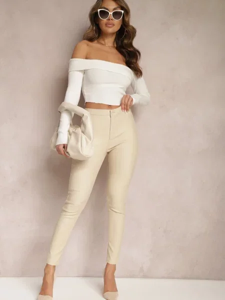 Pantaloni crem deschis din piele ecologica model Skinny Sonowa bej