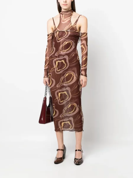 Rochie midi Julfer cu imagine cu imprimeu abstract până la genunchi maro