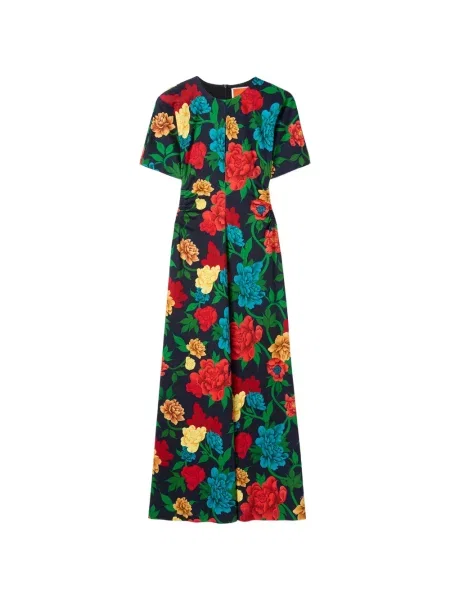 Sukienka La Doublej w kwiatki z falbankami garniturowa niebieska