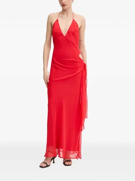 Rochie maxi Bardot cu gât halter roșu