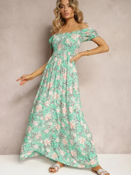 Rochie Florală Cloș cu Partea Superioară Încretșită Eliseria verde