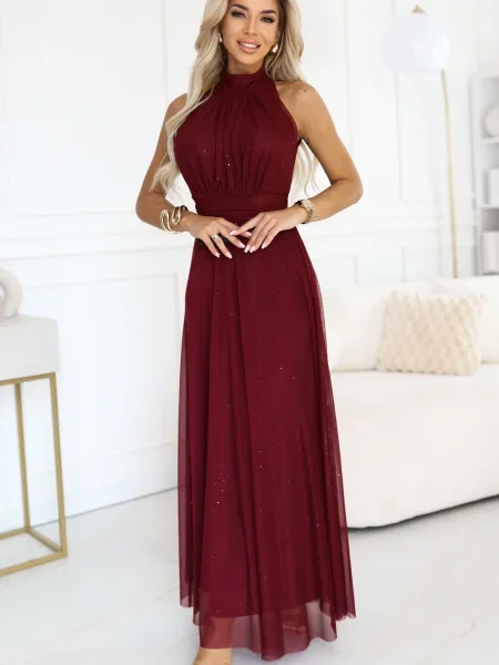 Długa sukienka maxi Numoco Basic garniturowa bordowa