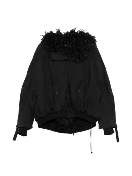 Haină din piele de oaie Yehuafan cu glugă din piele de oaie negru