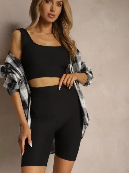 Komplet z Prążkowanej Tkaniny Top na Ramiączkach i Kolarki Mevindra czarny