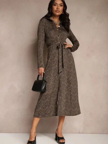 Koszulowa Sukienka Midi z Wiązanym Xudilla brązowa