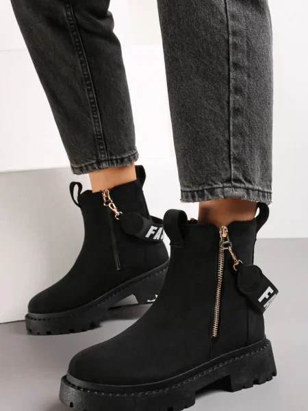 Botine cu Bandă Decorativă Imprimată Dudrey negre
