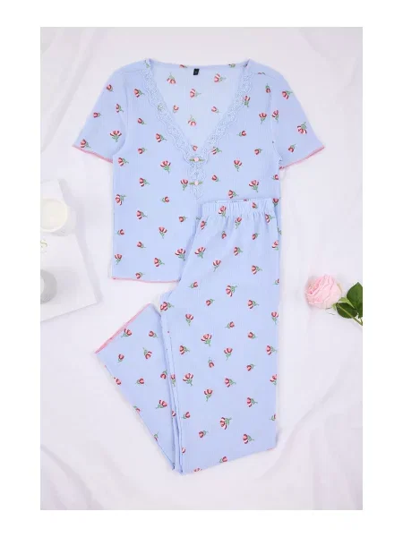 Trendyol Pijama albastru deschis / roz roșu