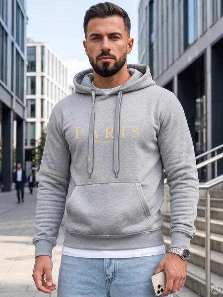Bluza z kapturem z nadrukiem PARIS jasnoszara Dstreet