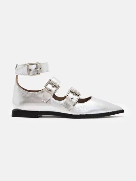 Кожени балеринки AllSaints Susan Buckle Shoe сребристо