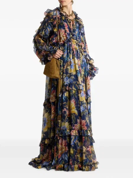 Rochie Etro de mătase cu model floral cu volane albastru