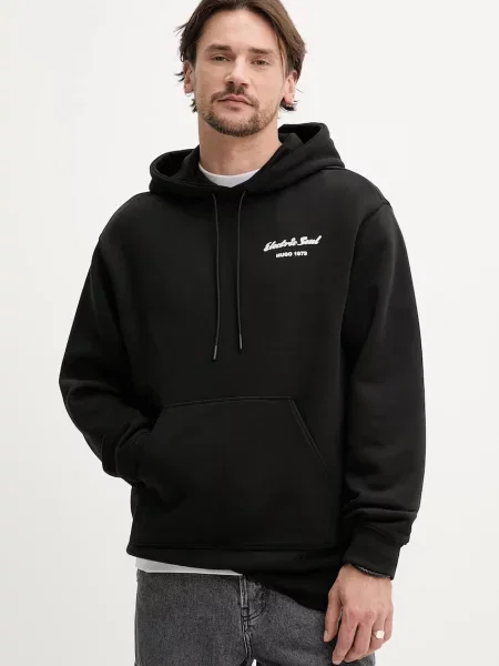 Bombažen pulover HUGO s kapuco črna