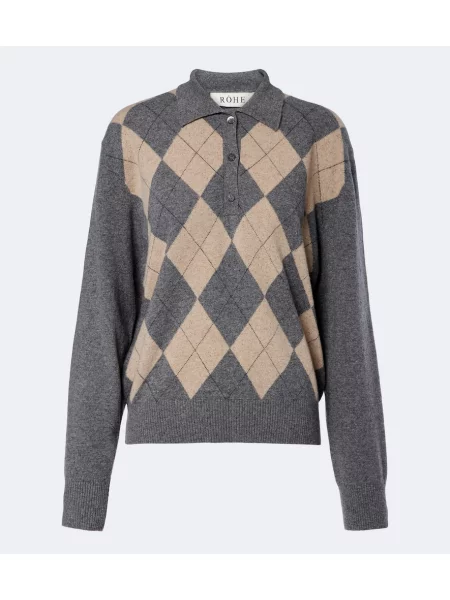 Tricou polo Róhe de lână cu model argyle gri