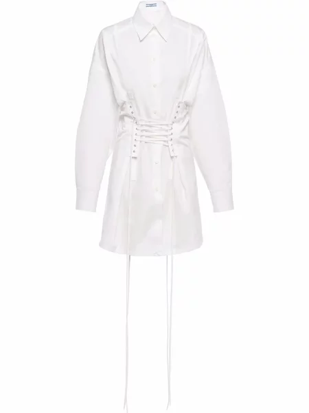 Rochie tip cămașă Prada cu șireturi din dantelă de costum alb