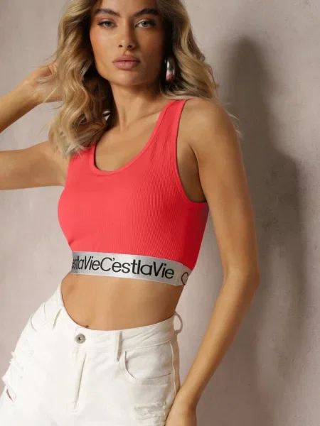 Top Sportowy Biustonosz Elastyczny Prążkowany z Ozdobną Gumą Waslema czerwony