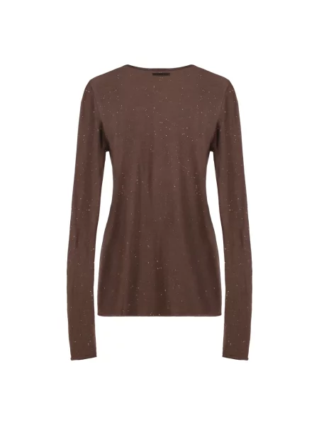 Sweter Pinko wełniany z długim rękawem z cekinami brązowy