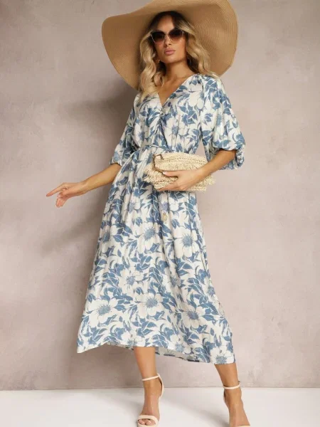 Rochie din albastru-albă cu talie legată și mâneci decorative Nanea alb