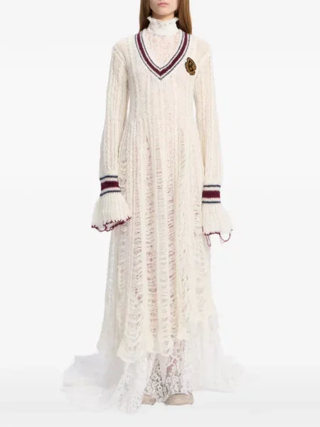Rochie maxi Ann Demeulemeester zdrențuiți cu decolteu în V alb