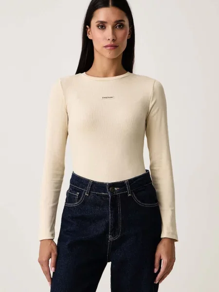 Guess Jeans tričko s dlouhým rukávem s bavlnou béžové