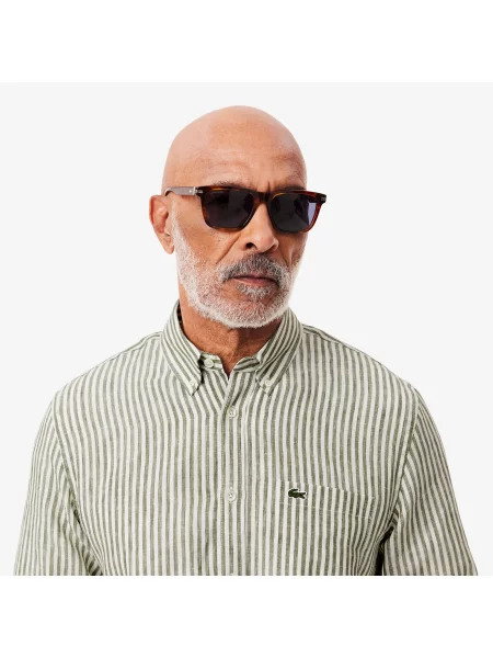 Lacoste Lniana Koszula W Paski Regular Fit zielona